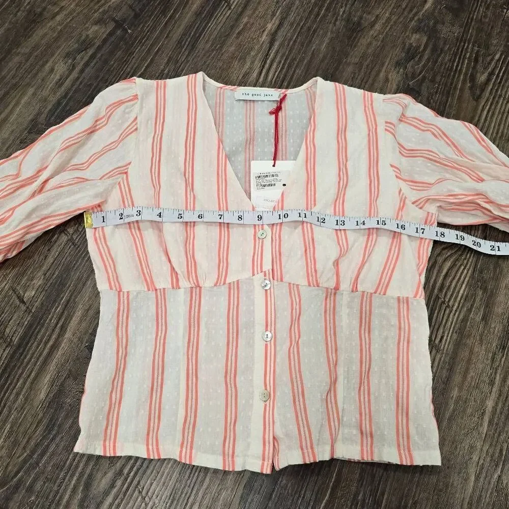 The Good Jane Striped Button Front Peplum Top Puff Sleeve NWOT Size Small (Measu